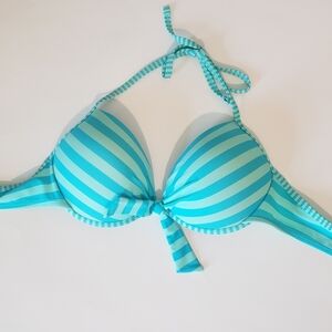 Arizona Jean Bikini Top Push Up Padded Lifht Blue Light Green Striped Size Large